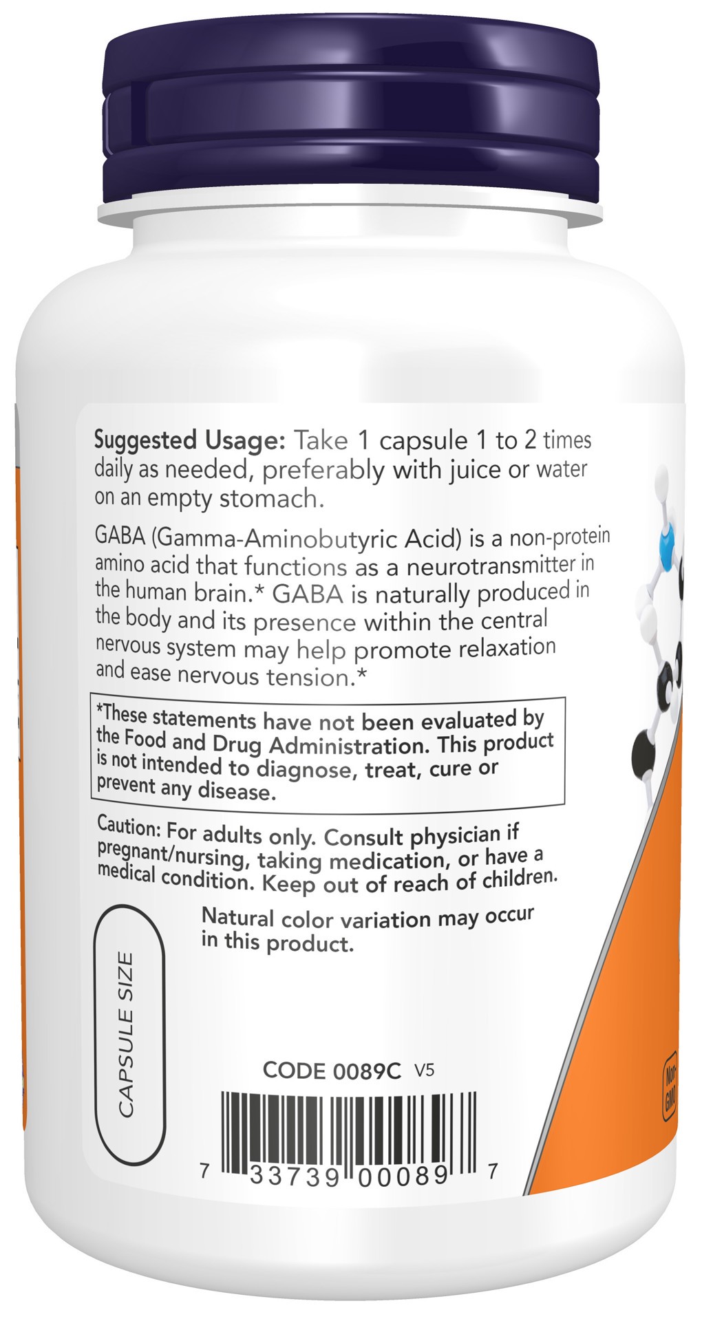 slide 4 of 4, NOW Supplements GABA 750 mg - 100 Veg Capsules, 100 ct; 750 mg