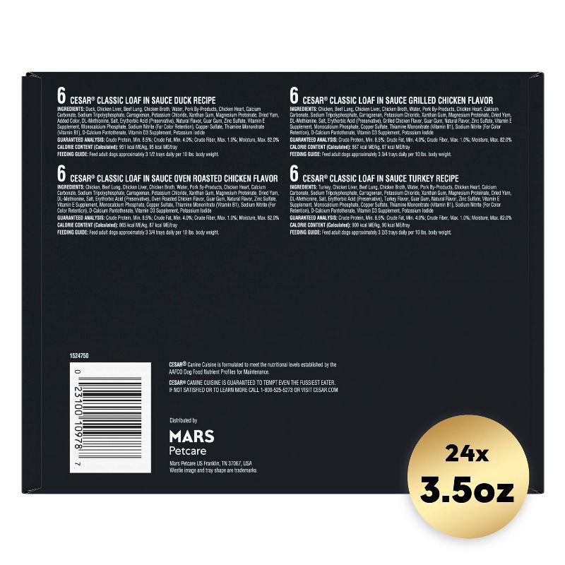 slide 10 of 11, Cesar Classic Loaf in Sauce Variety Pack with Chicken, Duck and Turkey Flavor Small Breed Wet Dog Food - 3.5oz/24ct, 3.5 oz, 24 ct