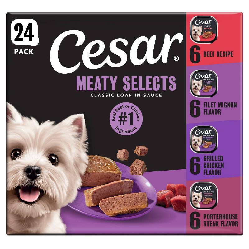 slide 1 of 15, Cesar Classic Loaf in Sauce Beef, Steak, Chicken and Red Meat Flavor Variety Pack Small Breed Wet Dog Food - 3.5oz/24ct, 3.5 oz, 24 ct