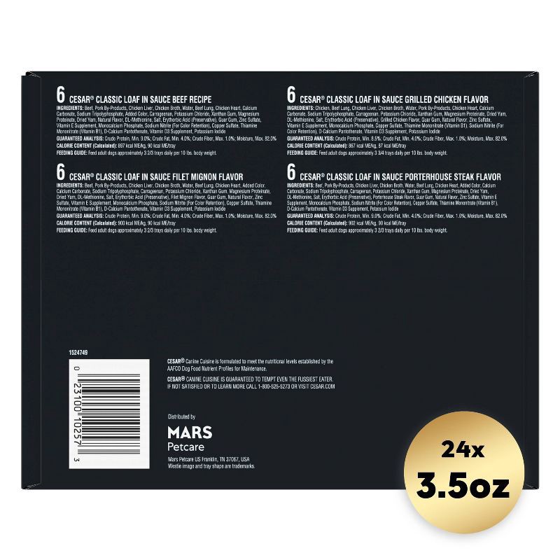 slide 10 of 11, Cesar Classic Loaf in Sauce Beef, Steak, Chicken and Red Meat Flavor Variety Pack Small Breed Wet Dog Food - 3.5oz/24ct, 3.5 oz, 24 ct
