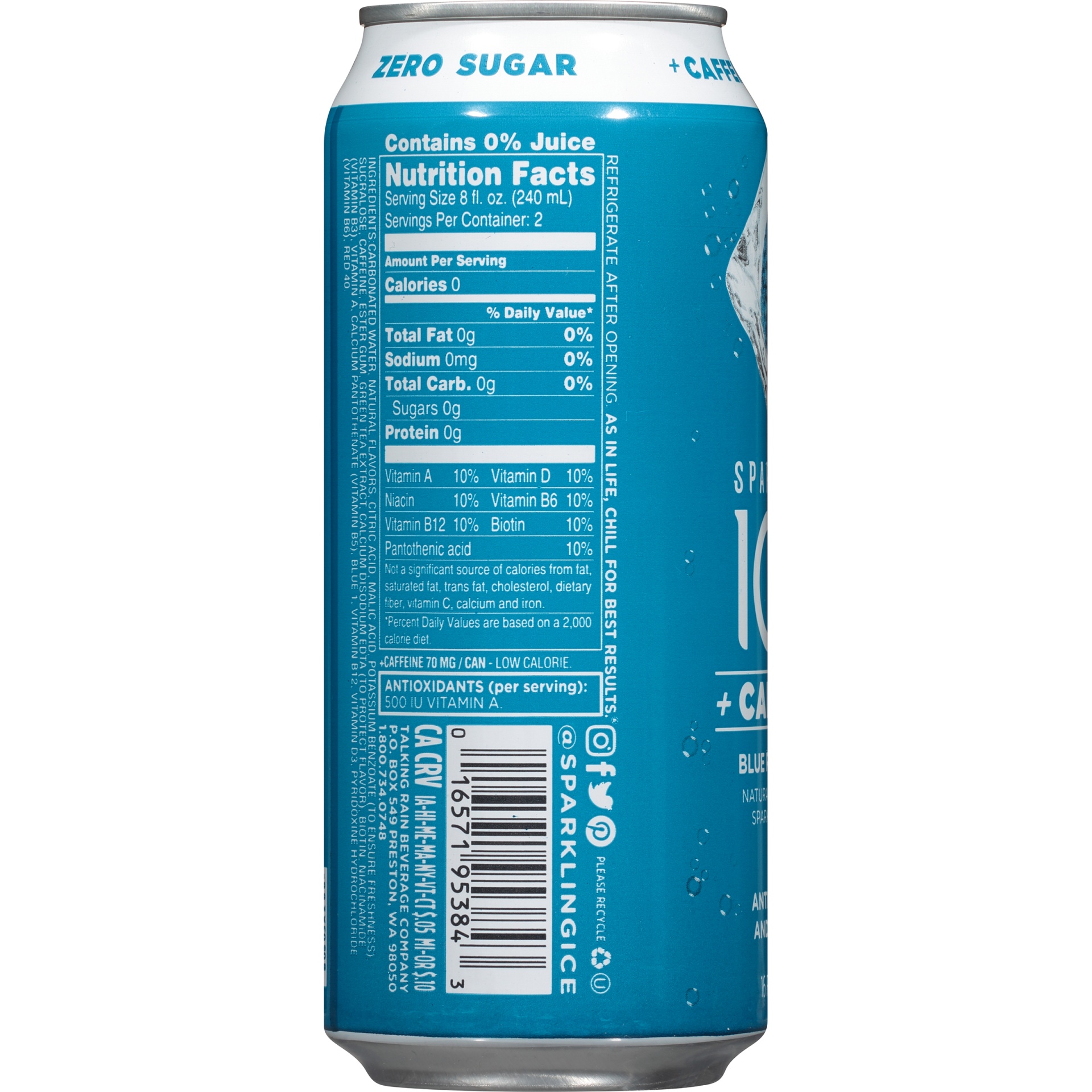 Sparkling Ice +Caffeine Zero Sugar Flavored Sparkling Water, Blue Raspberry  Sparkling Water, 16 Fl Oz Can 