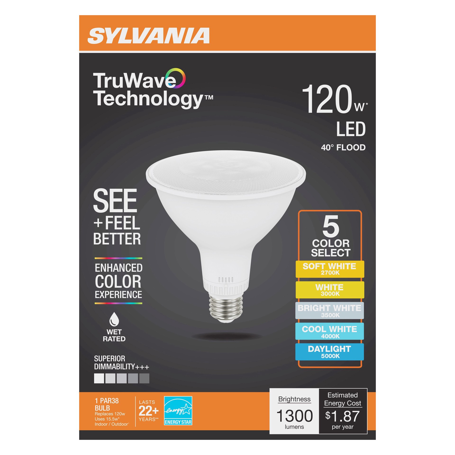 slide 1 of 1, Sylvania TruWave PAR38 120-Watt LED Flood Light Bulb - 5 Color Select, 1 ct