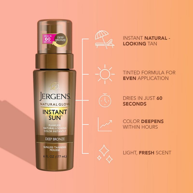 slide 4 of 9, Jergens Natural Glow Instant Sun Sunless Tanning Mousse, Deep Bronze Tan, Sunless Tanner Mousse - 6 fl oz, 6 fl oz