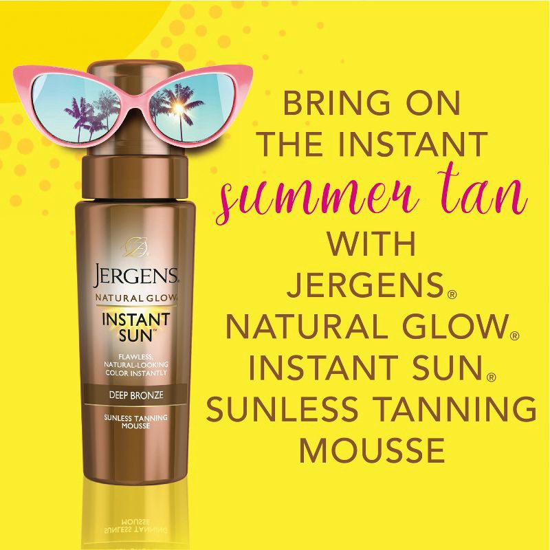 slide 6 of 9, Jergens Natural Glow Instant Sun Sunless Tanning Mousse, Deep Bronze Tan, Sunless Tanner Mousse - 6 fl oz, 6 fl oz