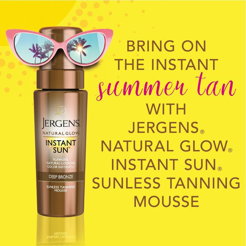 slide 6 of 9, Jergens Natural Glow Instant Sun Sunless Tanning Mousse, Deep Bronze Tan, Sunless Tanner Mousse - 6 fl oz, 6 fl oz