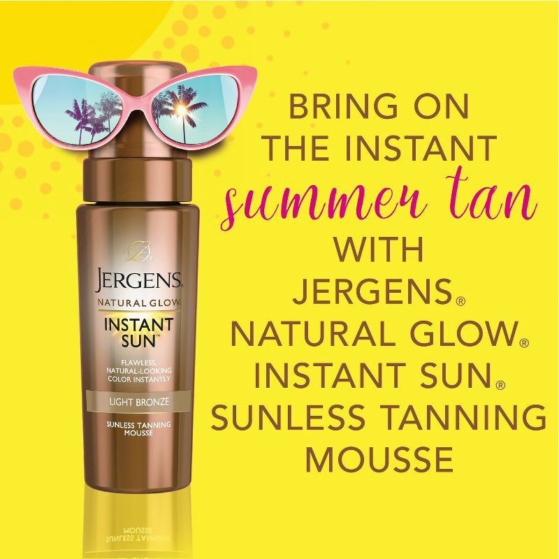 slide 4 of 8, Jergens Natural Glow Instant Sun Sunless Tanning Mousse, Light Bronze Tan, Sunless Tanner Mousse - 6 fl oz, 6 fl oz