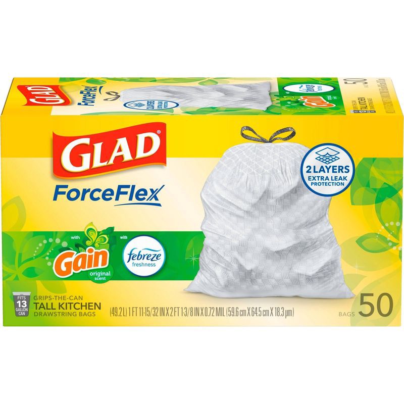 slide 2 of 20, Glad Tall Kitchen Drawstring Trash Bags OdorShield 13 Gallon - Gain Original with Febreze Freshness - 50ct, 13 gal, 50 ct