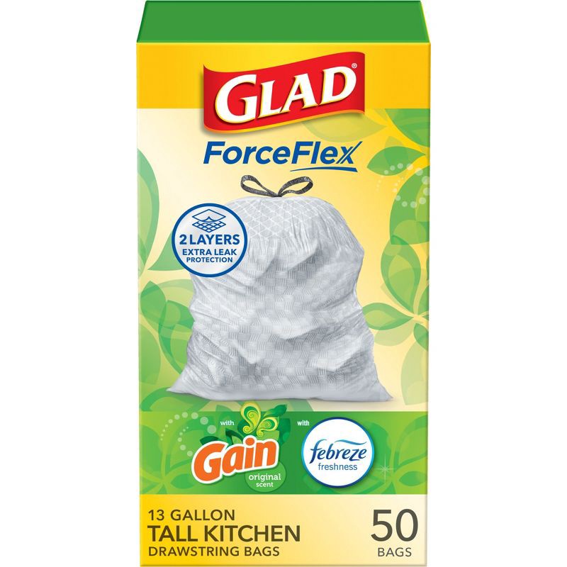 slide 20 of 20, Glad Tall Kitchen Drawstring Trash Bags OdorShield 13 Gallon - Gain Original with Febreze Freshness - 50ct, 13 gal, 50 ct