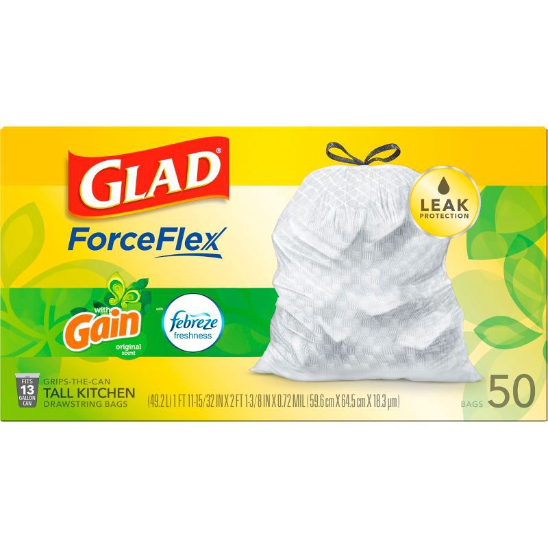 Glad Tall Kitchen Drawstring Trash Bags Odorshield 13 Gallon - Gain  Original With Febreze Freshness - 50ct : Target