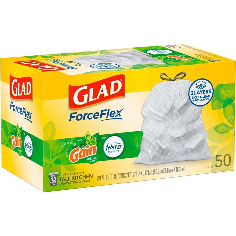 slide 10 of 11, Glad Tall Kitchen Drawstring Trash Bags OdorShield - Gain Original with Febreze Freshness - 50ct/13gal, 50 ct, 13 gal