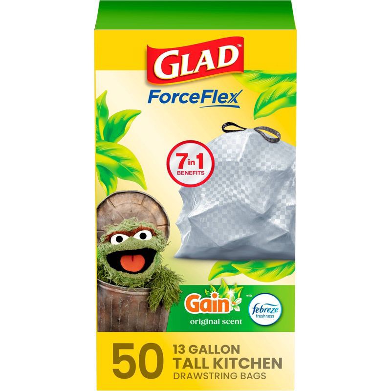 slide 1 of 12, Glad Tall Kitchen Drawstring Trash Bags OdorShield - Gain Original with Febreze Freshness - 50ct/13gal, 50 ct; 13 gal