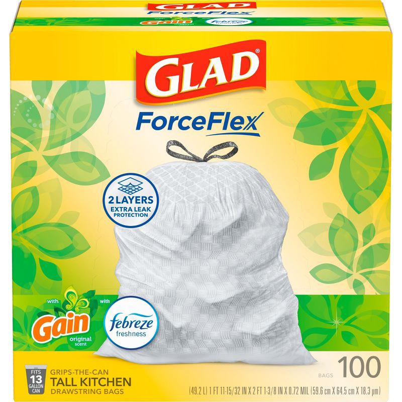 slide 2 of 19, Glad Tall Kitchen Drawstring Trash Bags OdorShield 13 Gallon - Gain Original with Febreze Freshness - 100ct, 13 gal, 100 ct