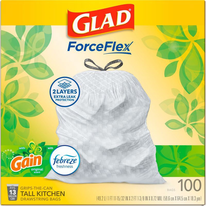 slide 10 of 12, Glad Tall Kitchen Drawstring Trash Bags OdorShield 13gal - Gain Original with Febreze Freshness - 100ct, 13 gal, 100 ct