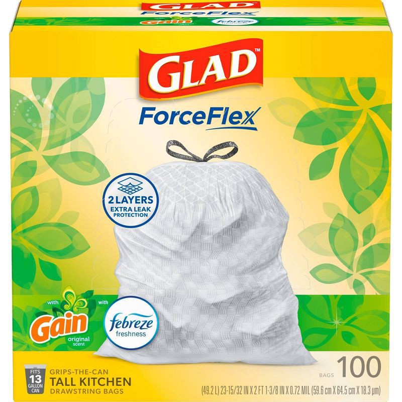 slide 8 of 12, Glad Tall Kitchen Drawstring Trash Bags OdorShield 13gal - Gain Original with Febreze Freshness - 100ct, 13 gal, 100 ct