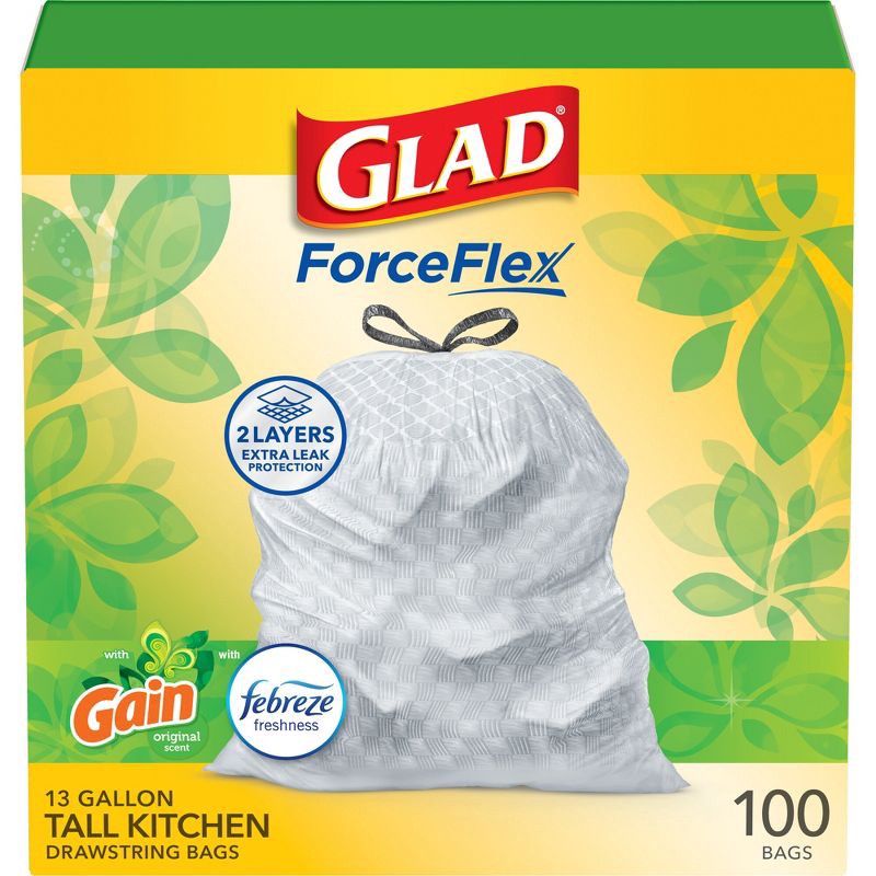 slide 1 of 19, Glad Tall Kitchen Drawstring Trash Bags OdorShield 13 Gallon - Gain Original with Febreze Freshness - 100ct, 13 gal, 100 ct