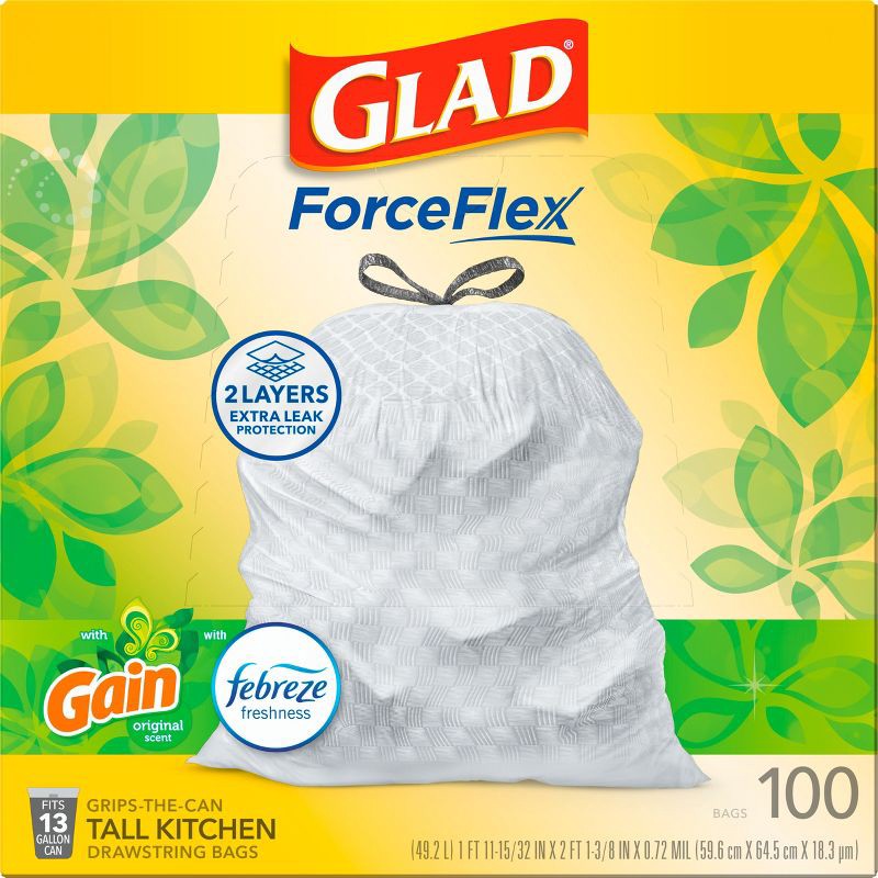 slide 11 of 19, Glad Tall Kitchen Drawstring Trash Bags OdorShield 13 Gallon - Gain Original with Febreze Freshness - 100ct, 13 gal, 100 ct