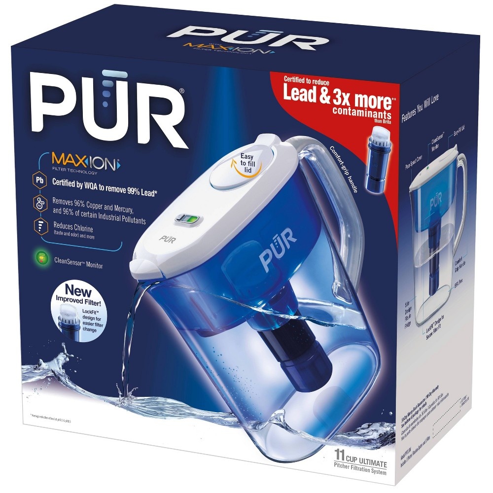 slide 2 of 4, PUR 10 Cup Flip Lid Pitcher with Filter Change Light - Classic White, 1 ct