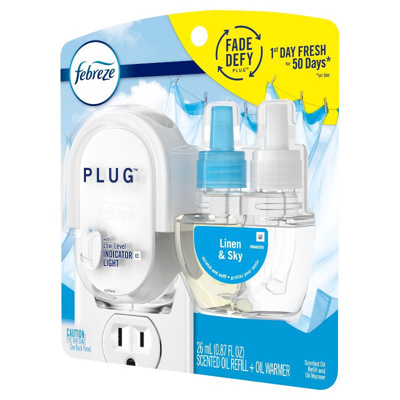 slide 12 of 13, Febreze Fade Defy Plug Air Freshener & Odor Fighter Starter Kit - Linen & Sky - 0.87 fl oz, 0.87 fl oz