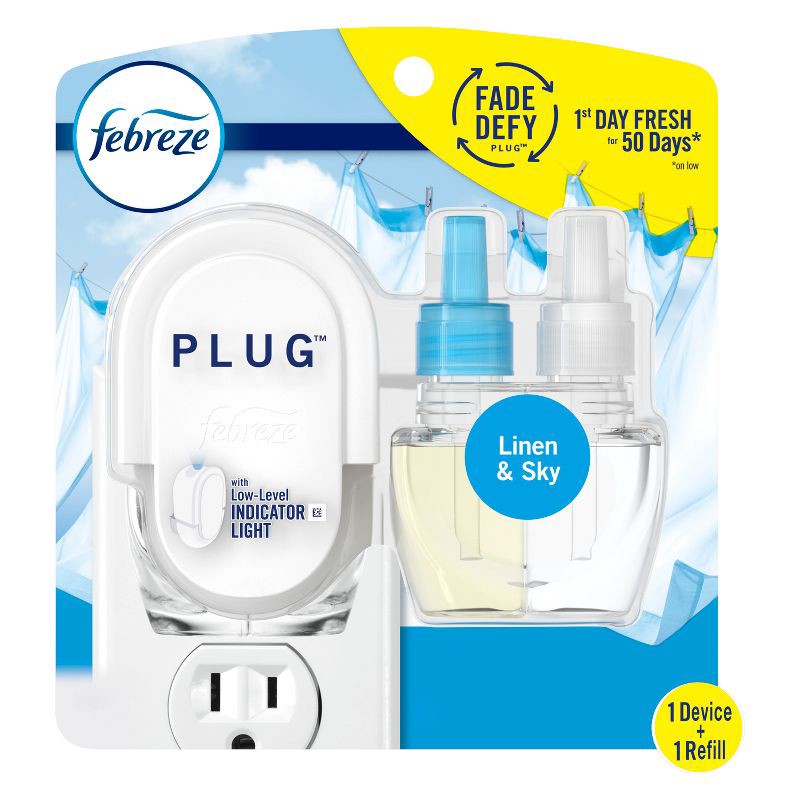 slide 1 of 13, Febreze Fade Defy Plug Air Freshener & Odor Fighter Starter Kit - Linen & Sky - 0.87 fl oz, 0.87 fl oz