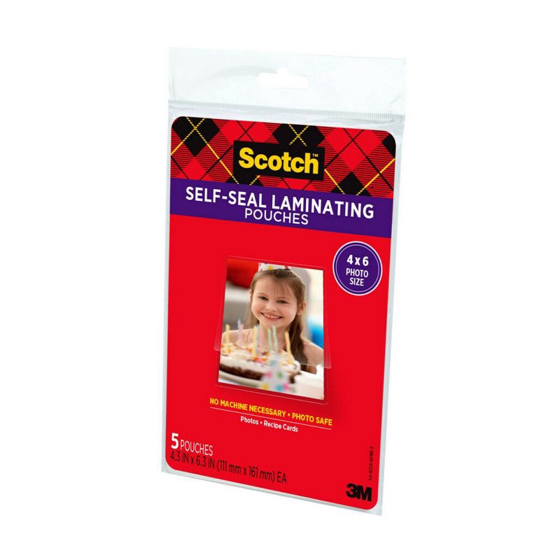 slide 2 of 8, 5Ct Scotch Self Seal 4X6 Photo Sz: Laminating Film Pouches, 6.3" x 4.3", Laminating Supplies, 5 Pack, 5 ct