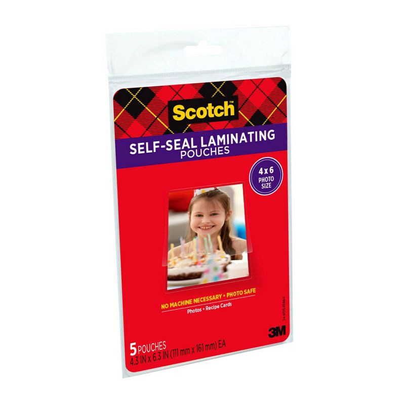 slide 3 of 8, 5Ct Scotch Self Seal 4X6 Photo Sz: Laminating Film Pouches, 6.3" x 4.3", Laminating Supplies, 5 Pack, 5 ct