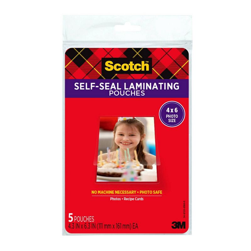 slide 1 of 8, 5Ct Scotch Self Seal 4X6 Photo Sz: Laminating Film Pouches, 6.3" x 4.3", Laminating Supplies, 5 Pack, 5 ct