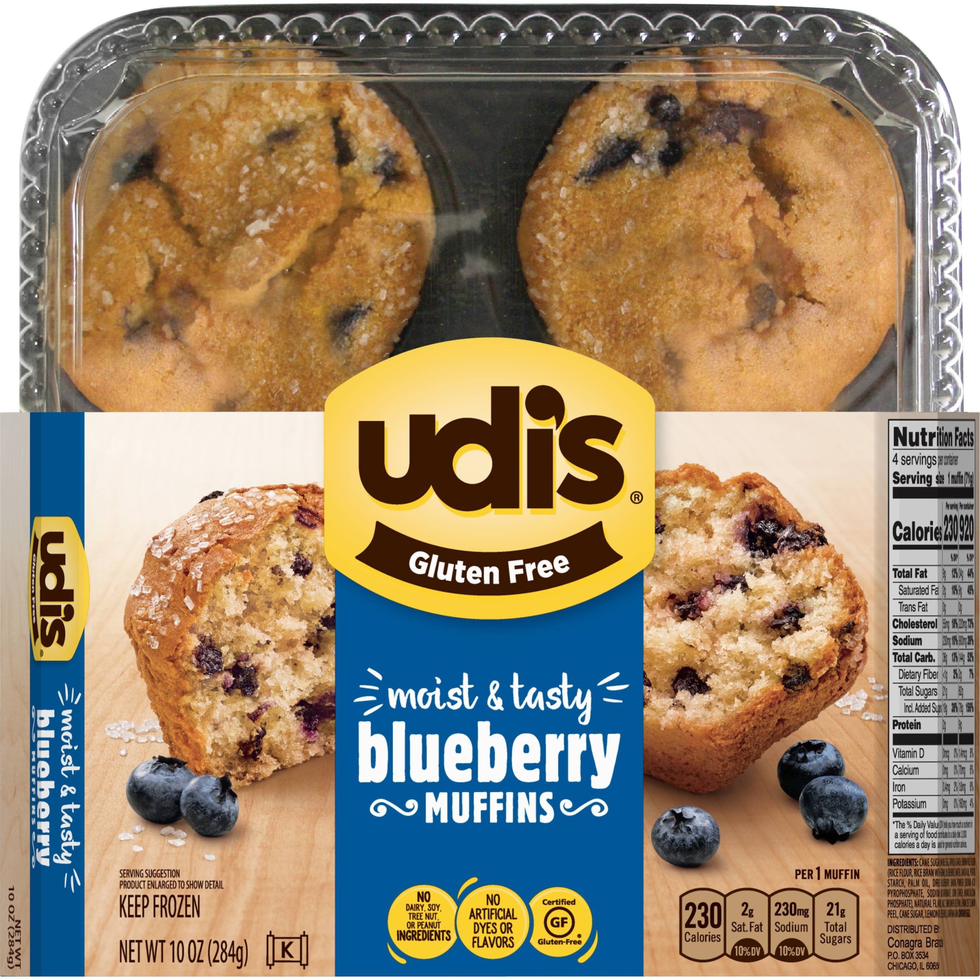 slide 1 of 7, Udi's Gluten Free Blueberry Frozen Muffins - 10oz /4ct, 4 ct; 10 oz