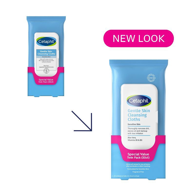 slide 3 of 10, Cetaphil Gentle Skin Cleansing Face Wipes Cloths - Unscented - 2pk/50ct, 2 ct, 50 ct