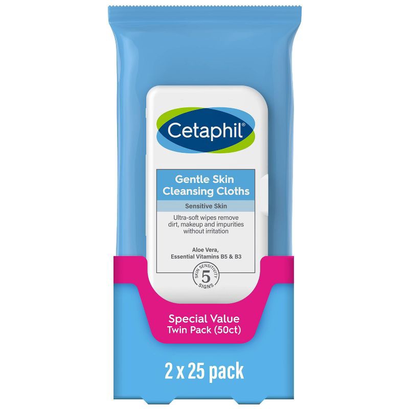 slide 7 of 10, Cetaphil Gentle Skin Cleansing Face Wipes Cloths - Unscented - 2pk/50ct, 2 ct, 50 ct