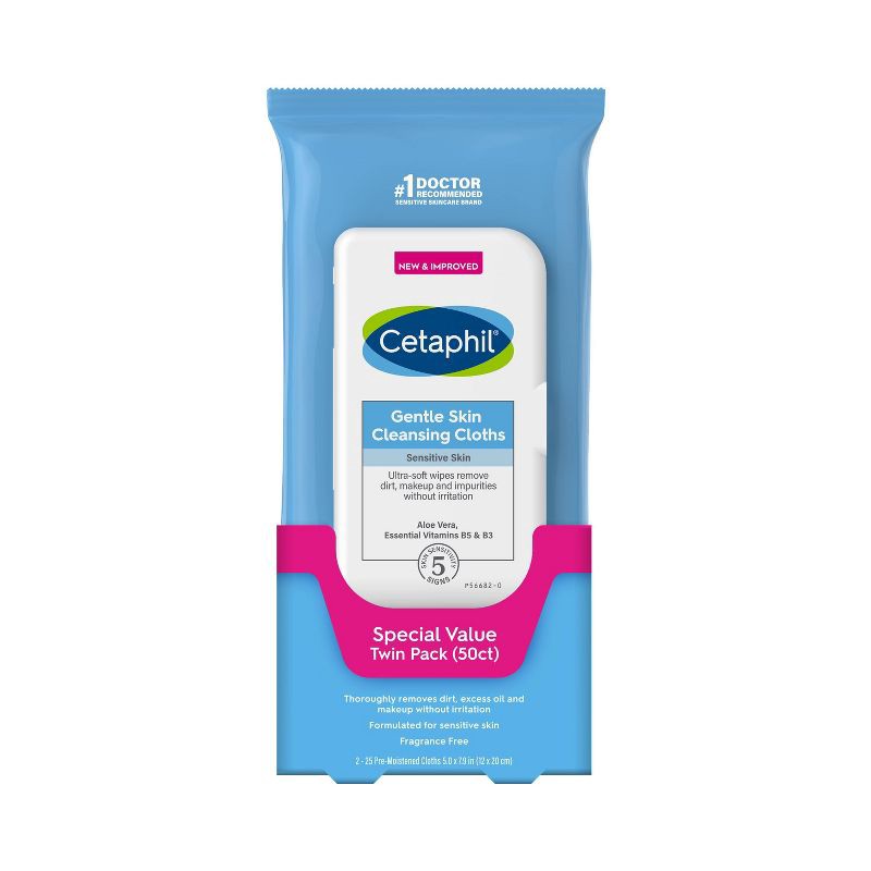 slide 9 of 10, Cetaphil Gentle Skin Cleansing Face Wipes Cloths - Unscented - 2pk/50ct, 2 ct, 50 ct