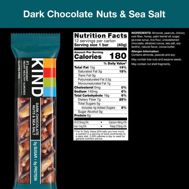 slide 4 of 7, Kind Dark Chocolate Nuts & Sea Salt Nutrition Bars 12ct / 1.4oz, 12 ct, 1.4 oz