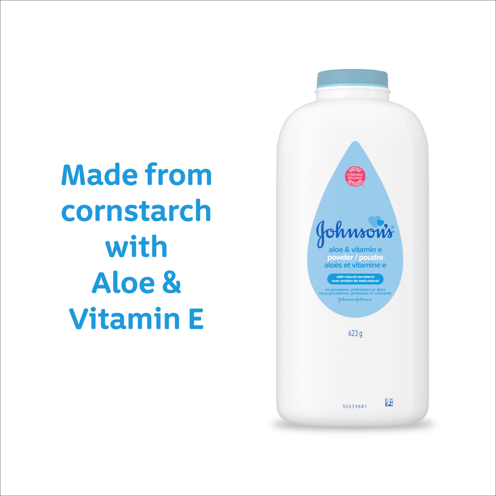 slide 8 of 10, Johnson's Powder with Naturally Derived Cornstarch, Aloe & Vitamin E for Delicate Skin, Hypoallergenic, Free of Parabens, Phthalates & Dyes for Gentle Baby Skin Care, 22 oz, 22 oz