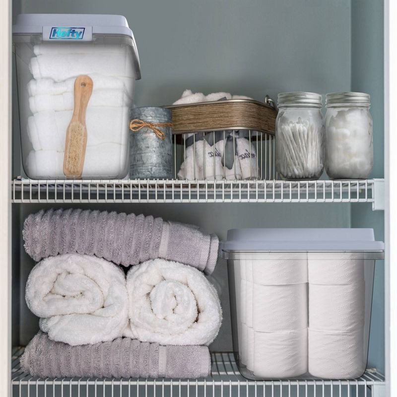 slide 2 of 11, Hefty 32qt Slim Clear Plastic Storage Bin with Gray HI-RISE Stackable Lid: Locking Handles, Universal Utility Totes, 32 qt