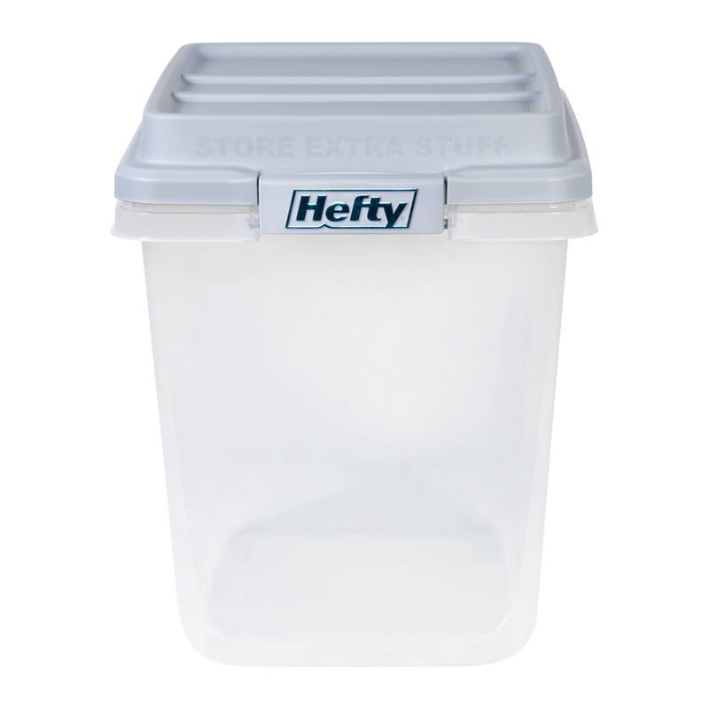 slide 3 of 11, Hefty 32qt Slim Clear Plastic Storage Bin with Gray HI-RISE Stackable Lid: Locking Handles, Universal Utility Totes, 32 qt