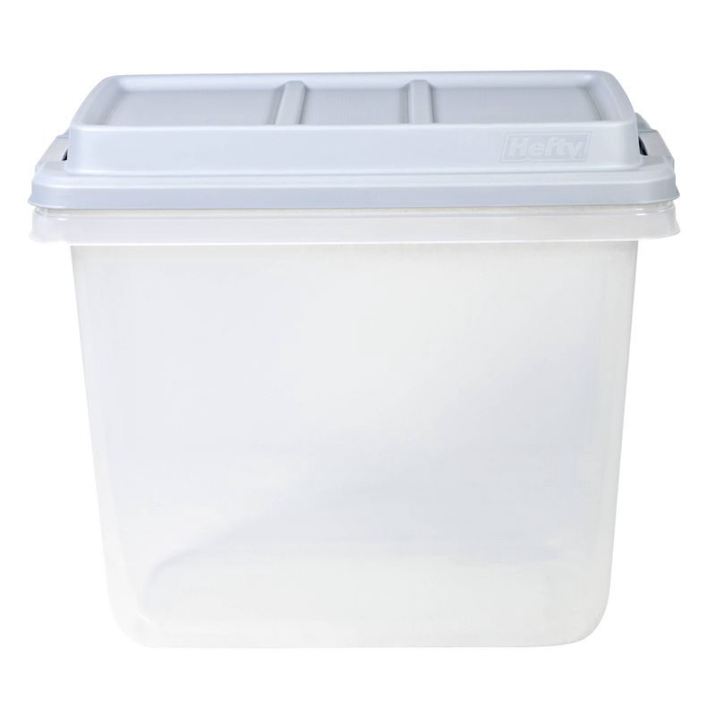 slide 4 of 11, Hefty 32qt Slim Clear Plastic Storage Bin with Gray HI-RISE Stackable Lid: Locking Handles, Universal Utility Totes, 32 qt