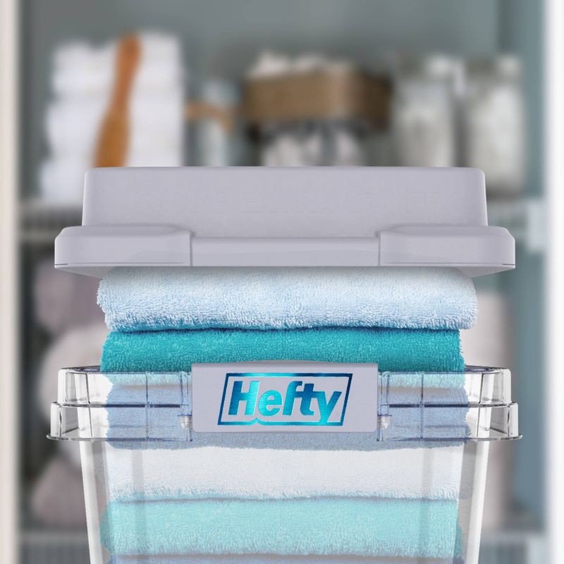 slide 5 of 11, Hefty 32qt Slim Clear Plastic Storage Bin with Gray HI-RISE Stackable Lid: Locking Handles, Universal Utility Totes, 32 qt