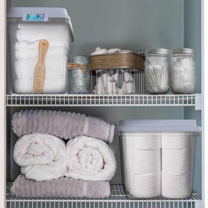 slide 8 of 11, Hefty 32qt Slim Clear Plastic Storage Bin with Gray HI-RISE Stackable Lid: Locking Handles, Universal Utility Totes, 32 qt