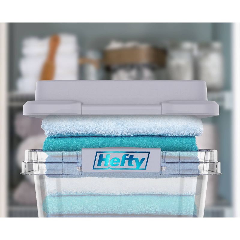 slide 9 of 11, Hefty 32qt Slim Clear Plastic Storage Bin with Gray HI-RISE Stackable Lid: Locking Handles, Universal Utility Totes, 32 qt