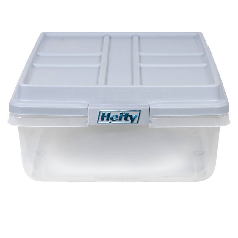 slide 3 of 11, Hefty 40qt Clear Plastic Storage Bin with Gray HI-RISE Stackable Lid: Under Bed Utility Totes, Locking Handles, Snap Closure, 40 qt