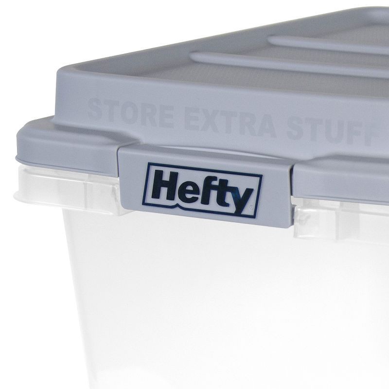 slide 6 of 11, Hefty 40qt Clear Plastic Storage Bin with Gray HI-RISE Stackable Lid: Under Bed Utility Totes, Locking Handles, Snap Closure, 40 qt