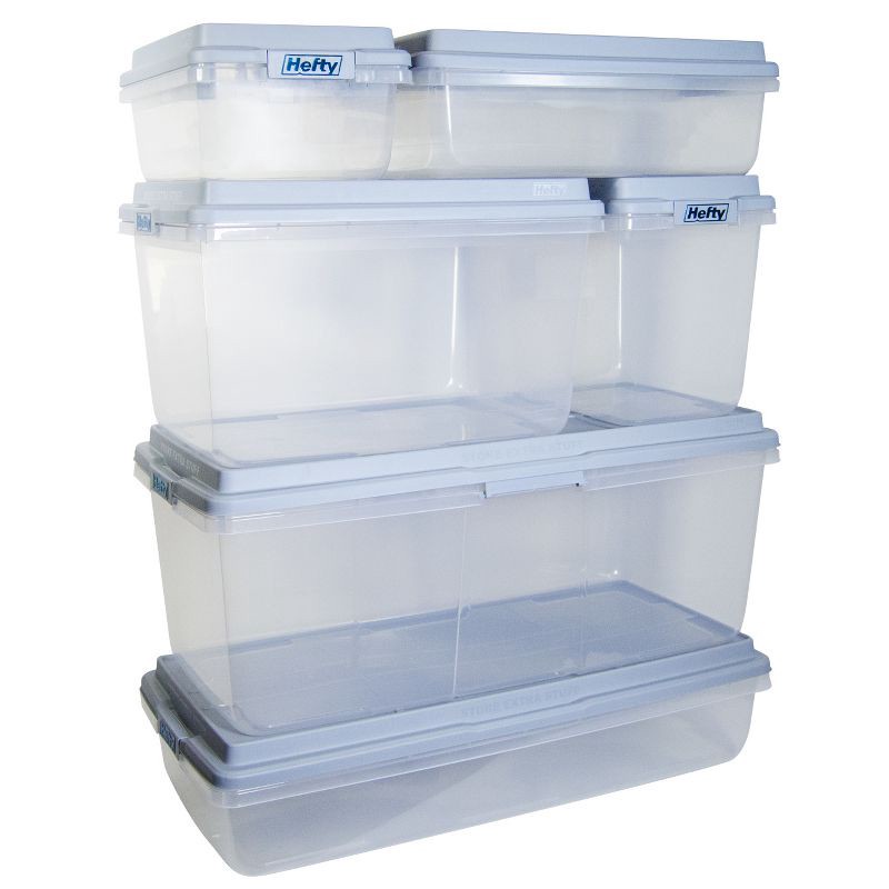 slide 7 of 11, Hefty 40qt Clear Plastic Storage Bin with Gray HI-RISE Stackable Lid: Under Bed Utility Totes, Locking Handles, Snap Closure, 40 qt