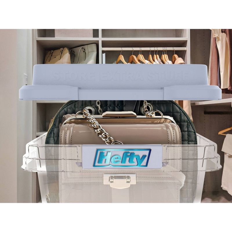 slide 9 of 11, Hefty 40qt Clear Plastic Storage Bin with Gray HI-RISE Stackable Lid: Under Bed Utility Totes, Locking Handles, Snap Closure, 40 qt