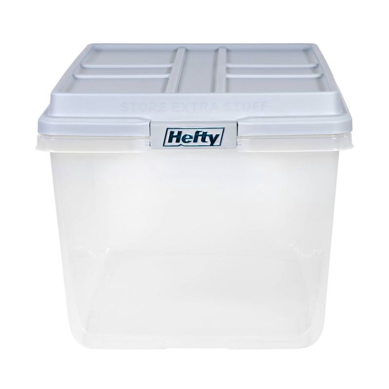 slide 3 of 11, Hefty 72qt Clear Hi-Rise Storage bin with Stackable Lid Gray: Plastic Utility Tubs, Locking Handles, Snap Closure, 72 qt