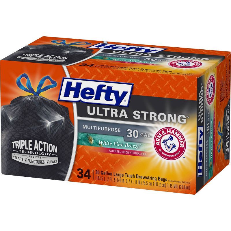 slide 2 of 6, Hefty Ultra Strong White Pine Breeze Large Drawstring Trash Bags 30 Gallon - Black - 34ct, 30 gal, 34 ct