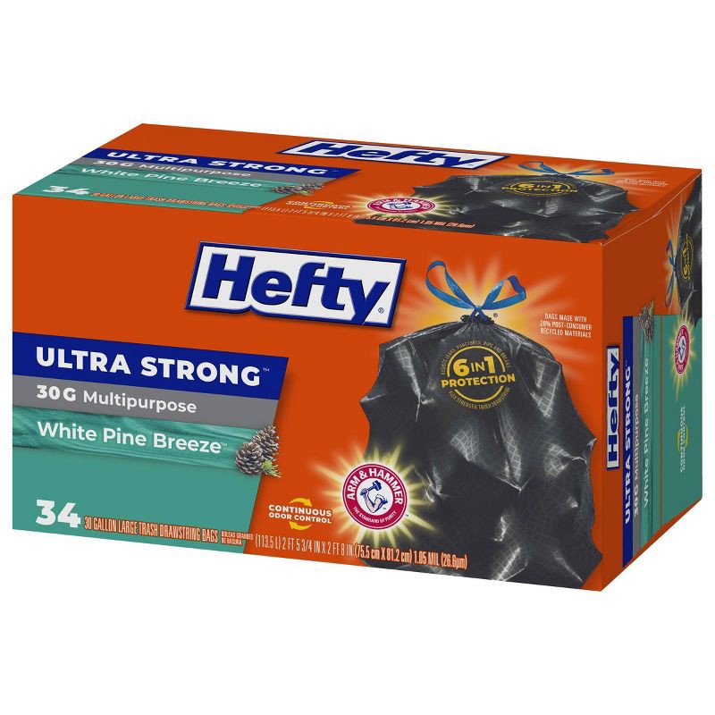slide 2 of 6, Hefty Ultra Strong White Pine Breeze Large Drawstring Trash Bags 30gal - Black - 34ct, 30 gal, 34 ct
