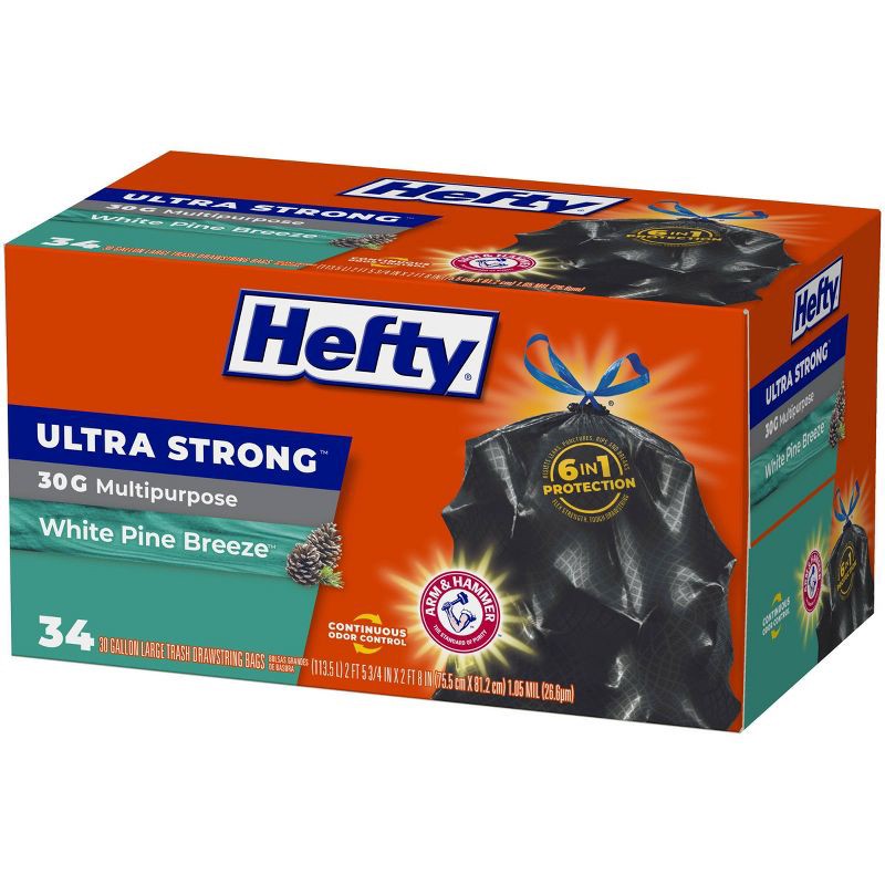 slide 6 of 6, Hefty Ultra Strong White Pine Breeze Large Drawstring Trash Bags 30 Gallon - Black - 34ct, 30 gal, 34 ct