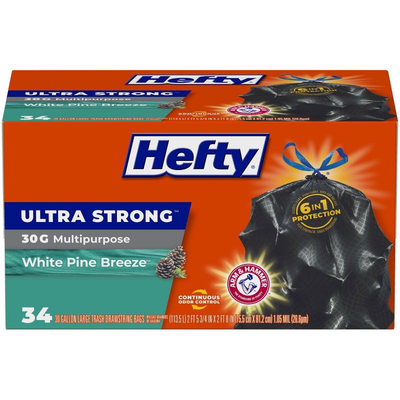 slide 1 of 6, Hefty Ultra Strong White Pine Breeze Large Drawstring Trash Bags 30 Gallon - Black - 34ct, 30 gal, 34 ct