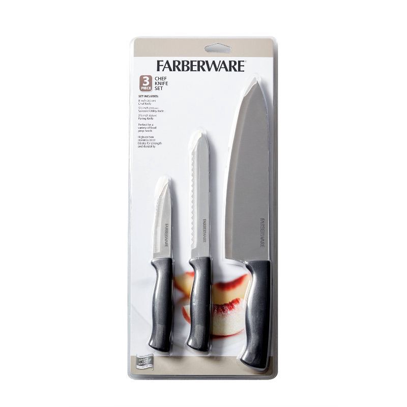 slide 2 of 9, Farberware 3 Piece Chef Knife Set: Stainless Steel Kitchen Knives with Black Polypropylene Handles, Includes Paring & Utility, 3 ct