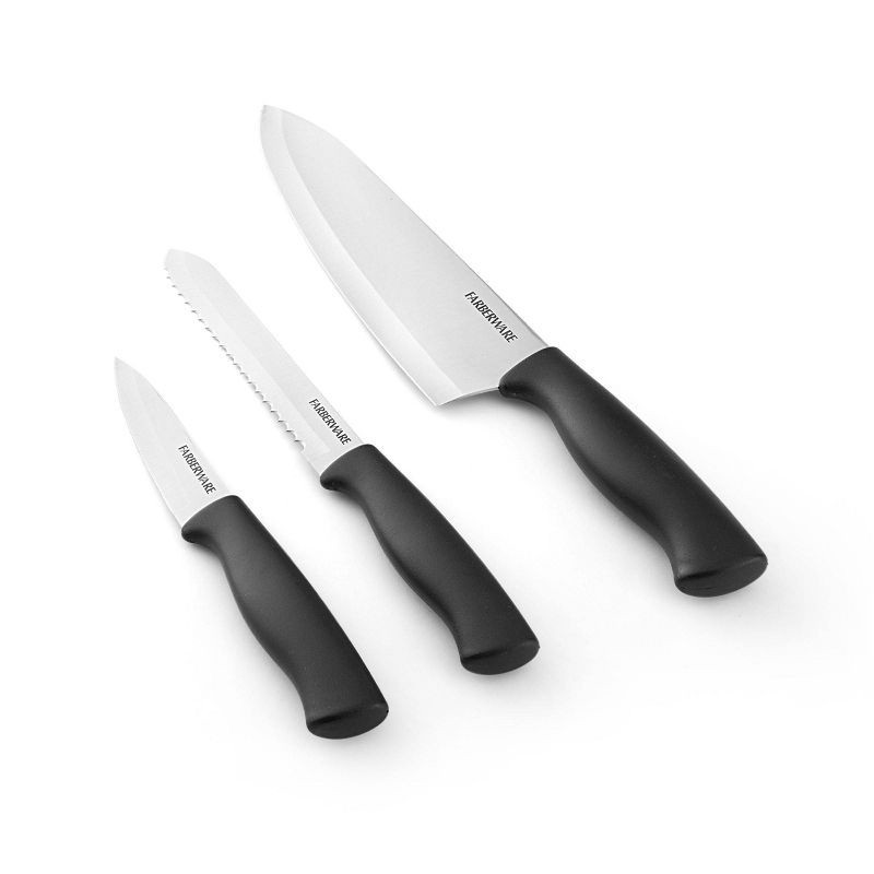 slide 3 of 9, Farberware 3 Piece Chef Knife Set: Stainless Steel Kitchen Knives with Black Polypropylene Handles, Includes Paring & Utility, 3 ct