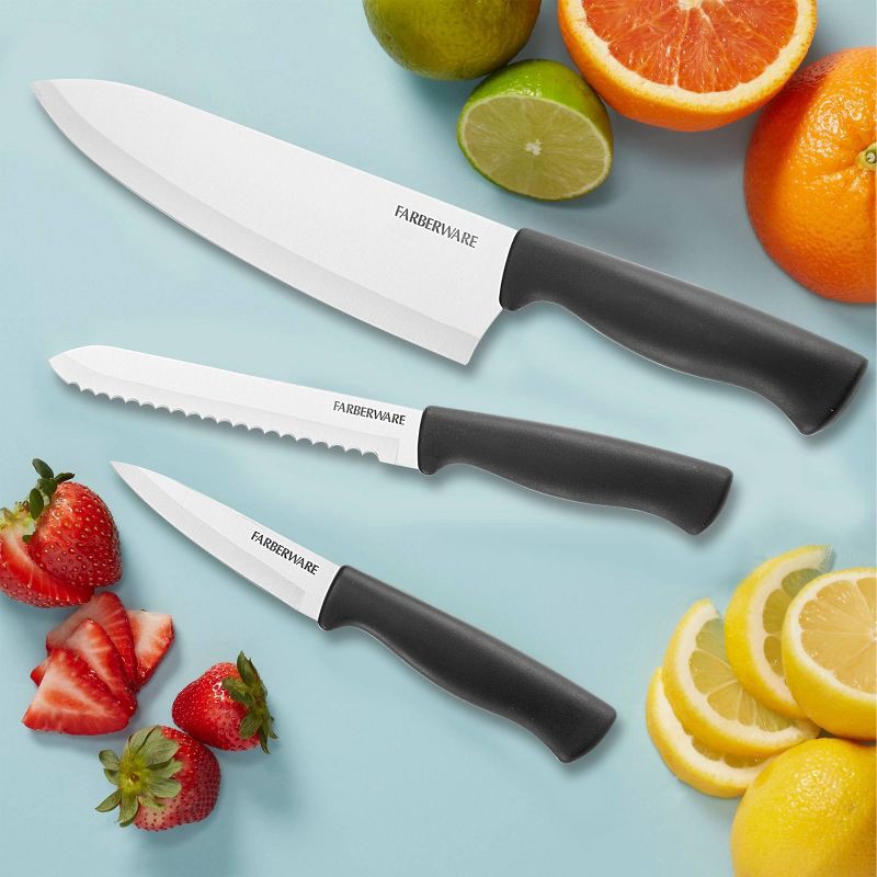 slide 4 of 9, Farberware 3 Piece Chef Knife Set: Stainless Steel Kitchen Knives with Black Polypropylene Handles, Includes Paring & Utility, 3 ct